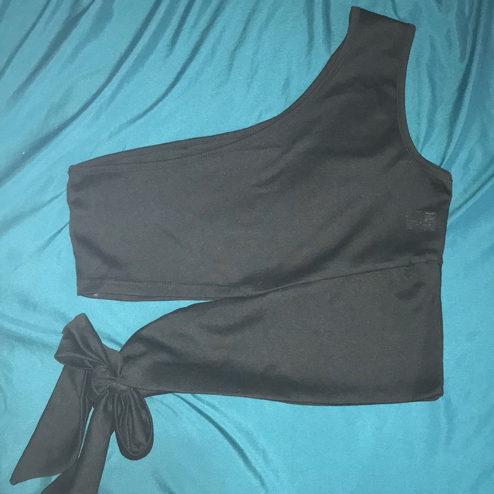 Black One Shoulder Top with Side Tie Detail